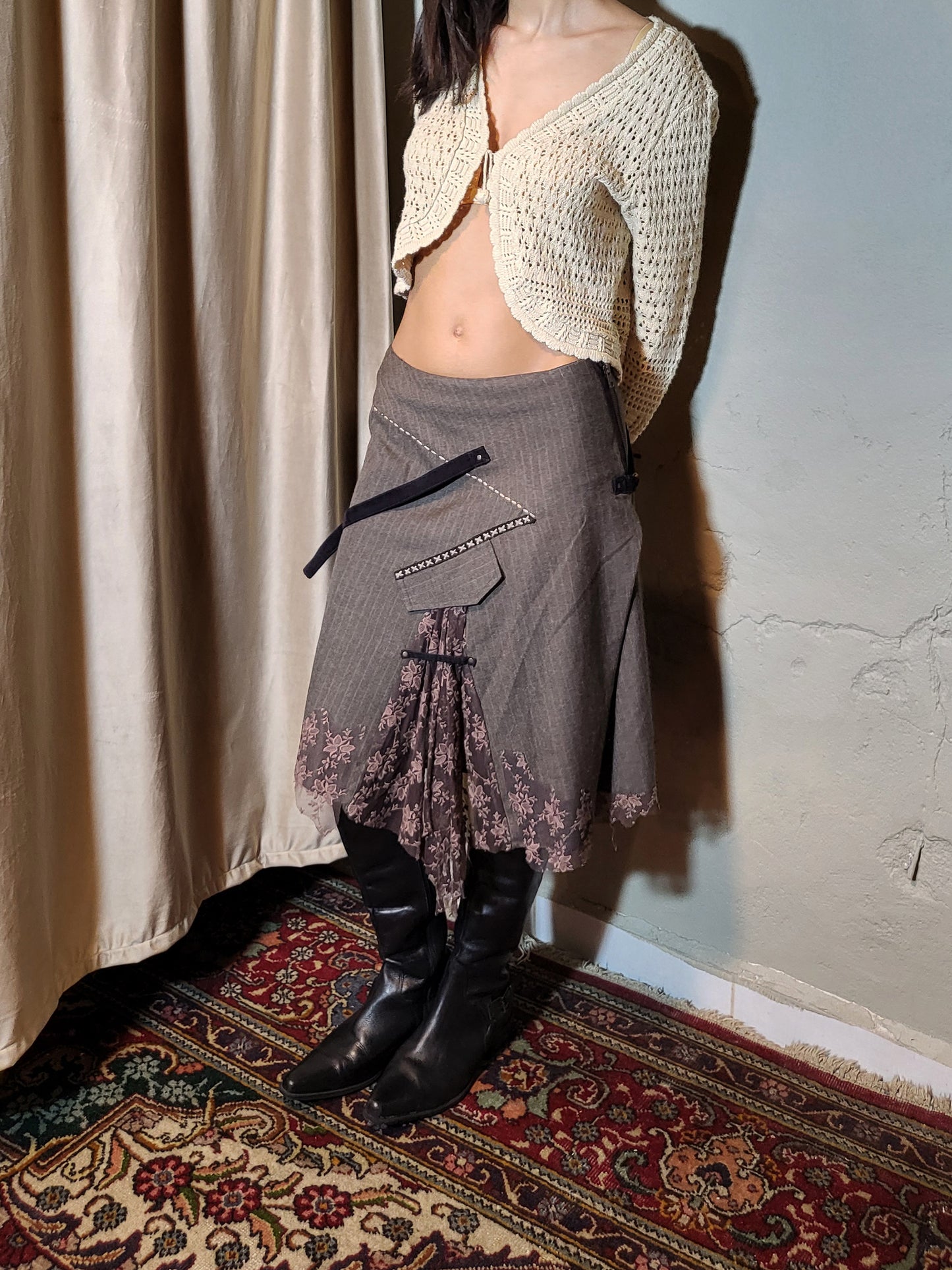 Grey Pinstripe Deconstructed Midi Skirt with Lace Insert