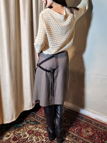 Grey Pinstripe Deconstructed Midi Skirt with Lace Insert