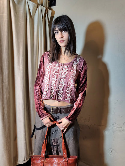 Burgundy Embroidered Velvet Crop Top