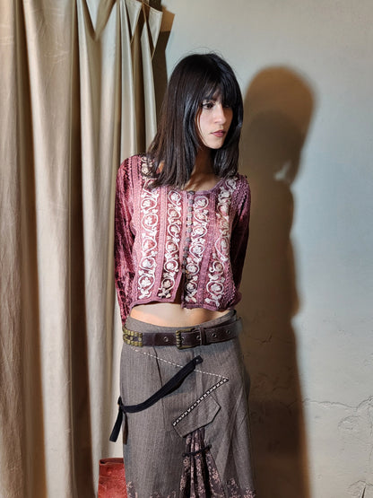 Burgundy Embroidered Velvet Crop Top