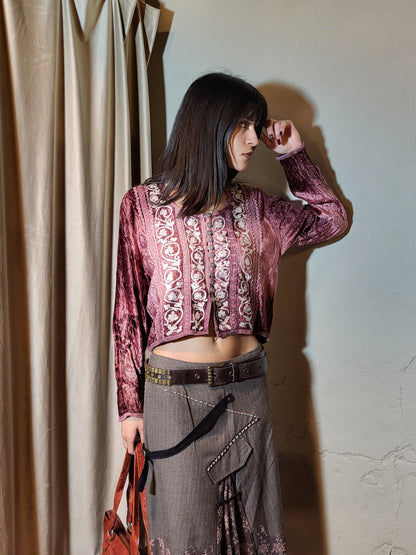 Burgundy Embroidered Velvet Crop Top