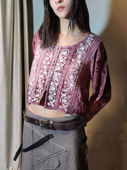 Burgundy Embroidered Velvet Crop Top