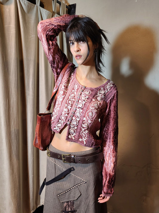 Burgundy Embroidered Velvet Crop Top