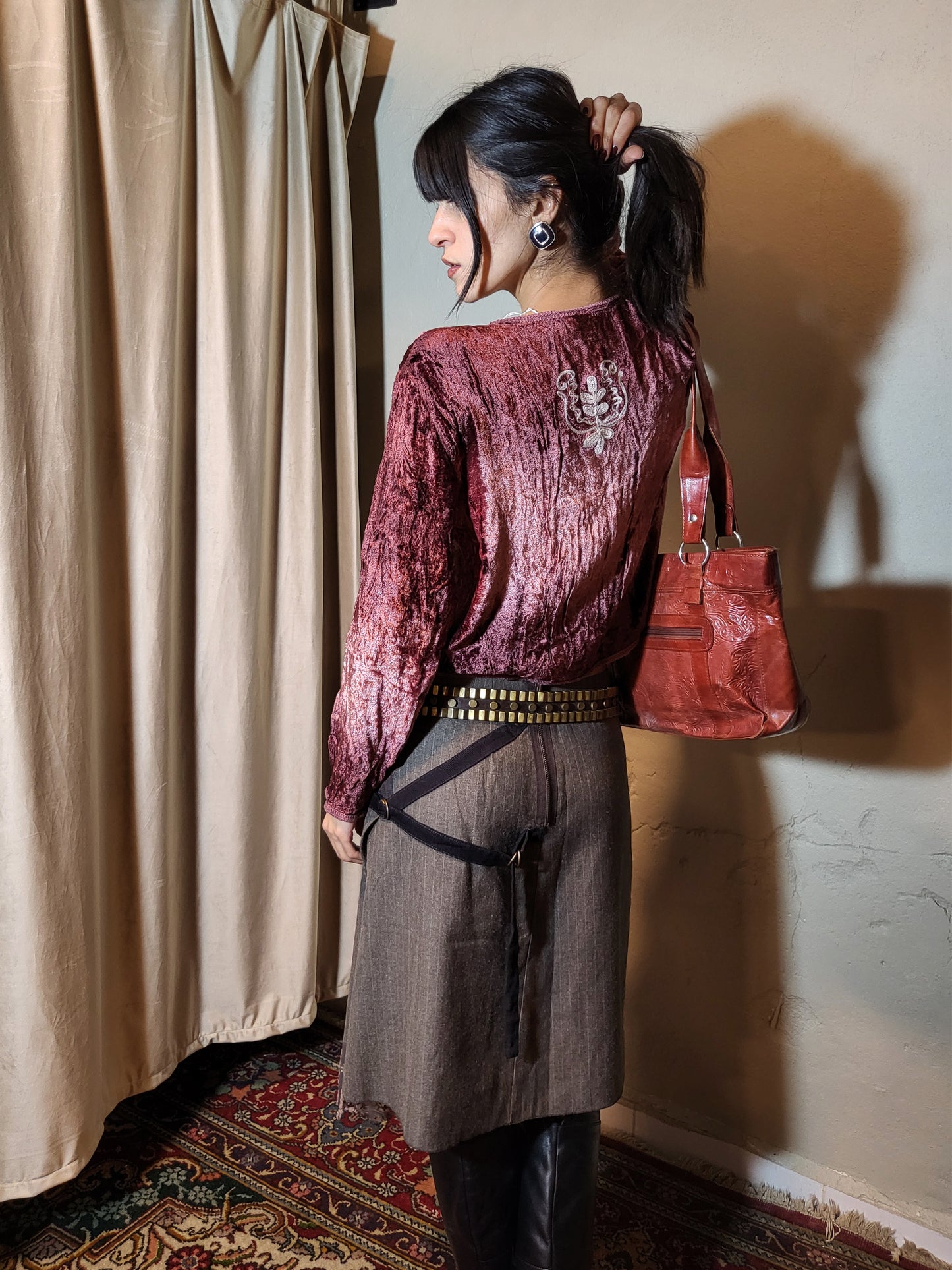 Burgundy Embroidered Velvet Crop Top