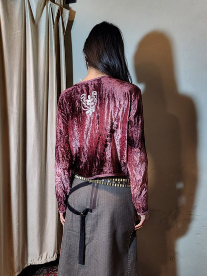 Burgundy Embroidered Velvet Crop Top