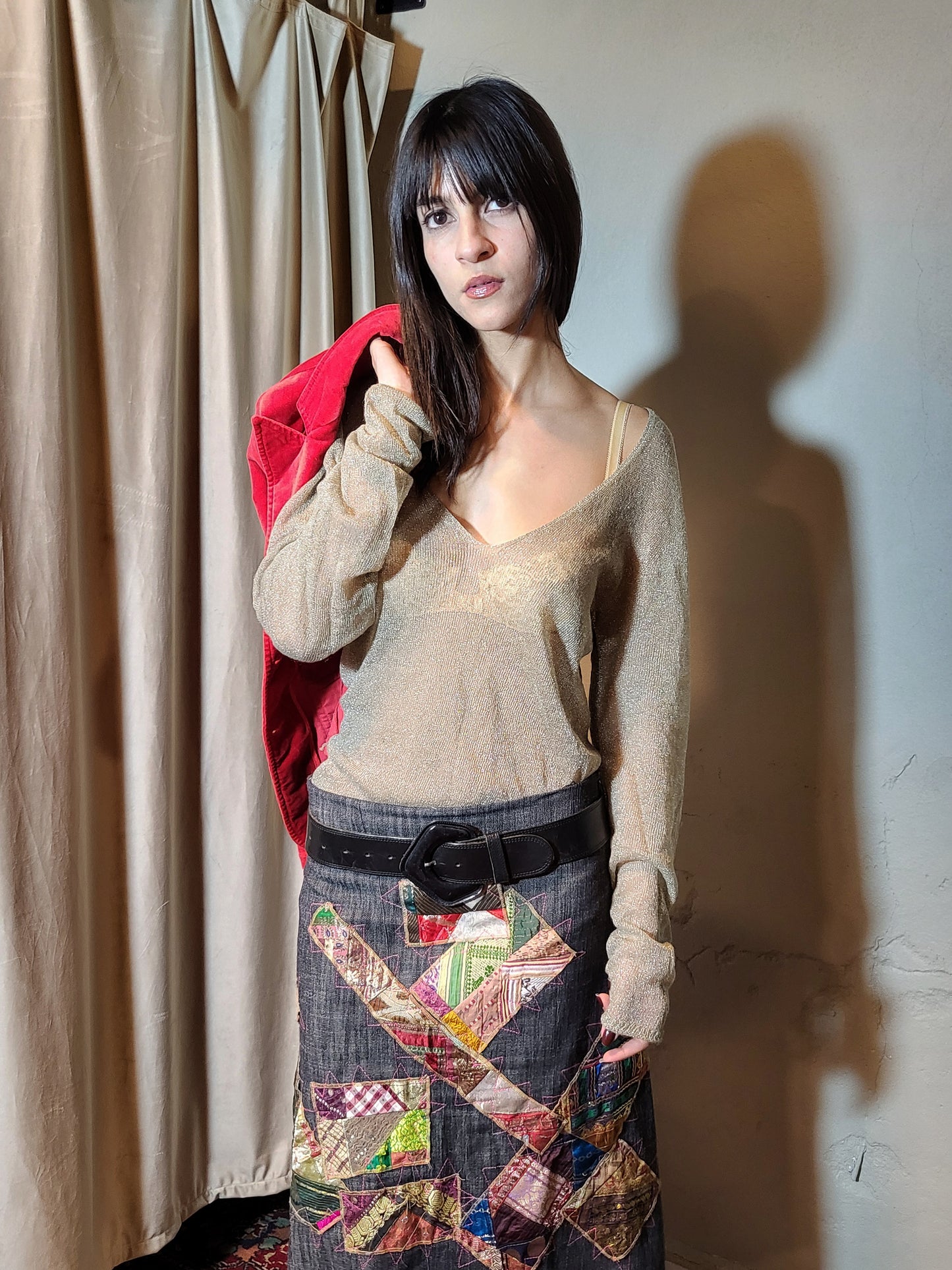 Sheer Gold Lurex Long-Sleeve Top