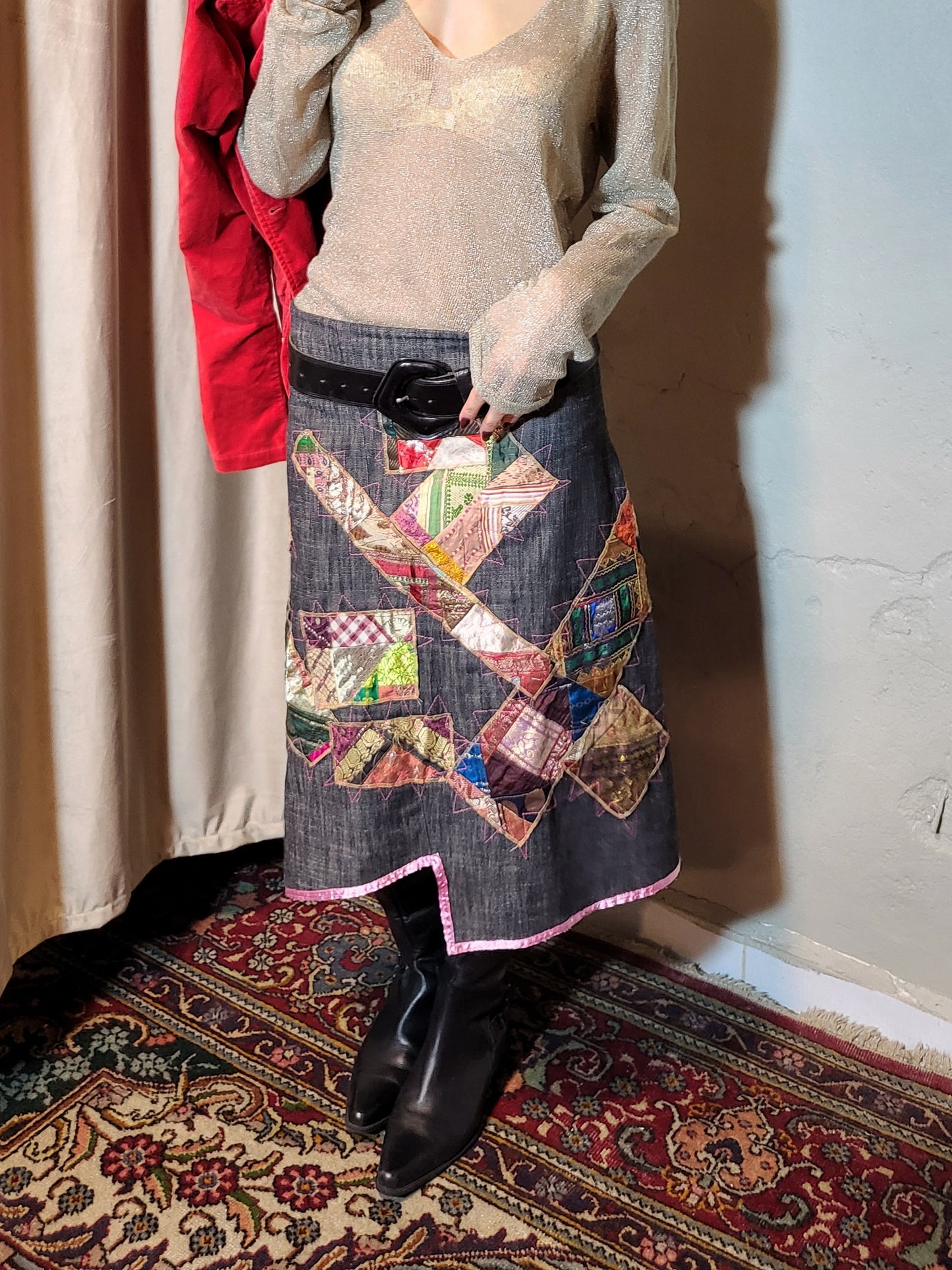 Dark Denim Patchwork Artisan Midi Skirt