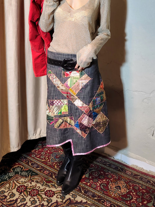 Dark Denim Patchwork Artisan Midi Skirt