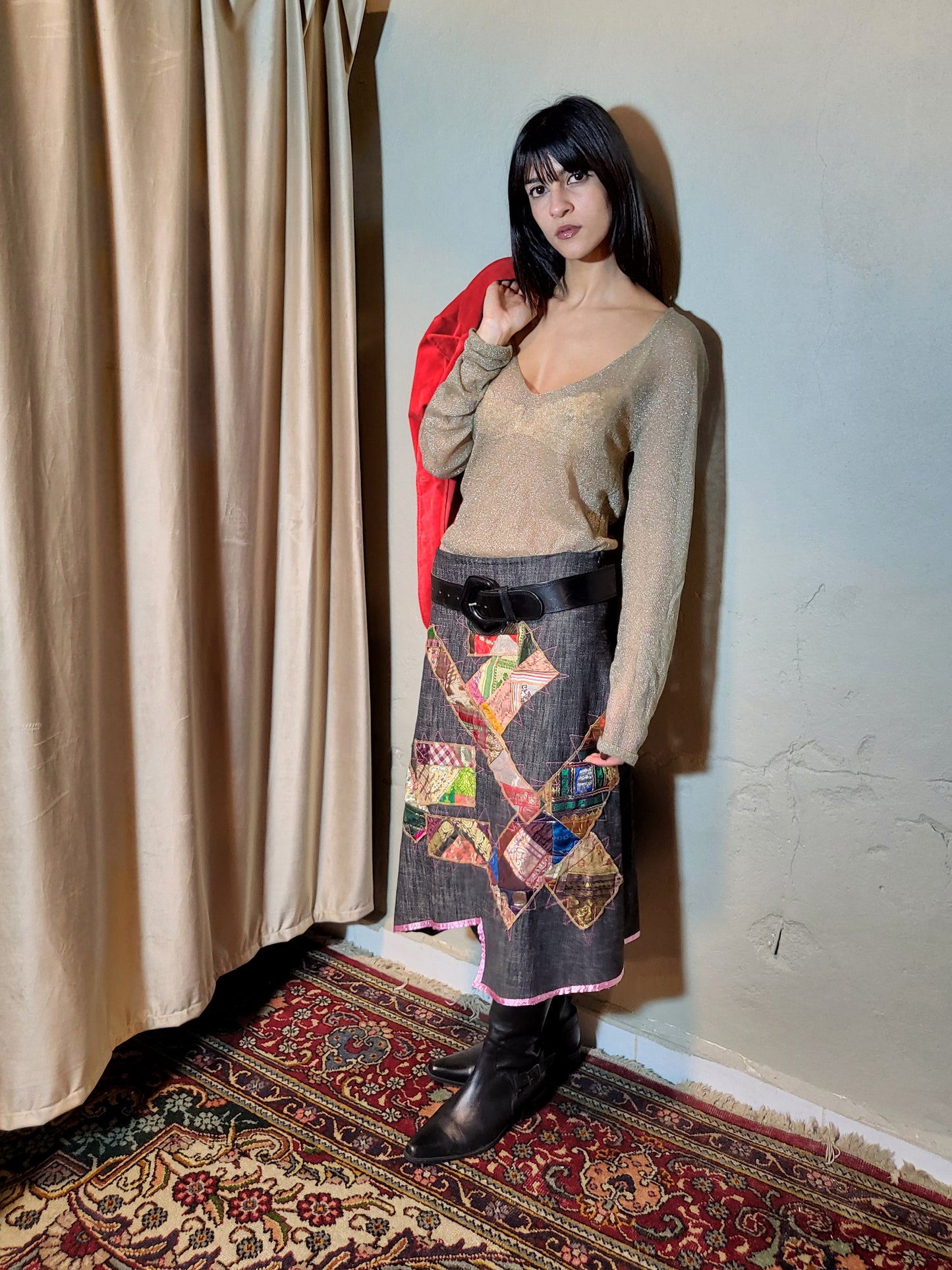 Dark Denim Patchwork Artisan Midi Skirt
