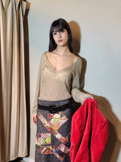 Sheer Gold Lurex Long-Sleeve Top