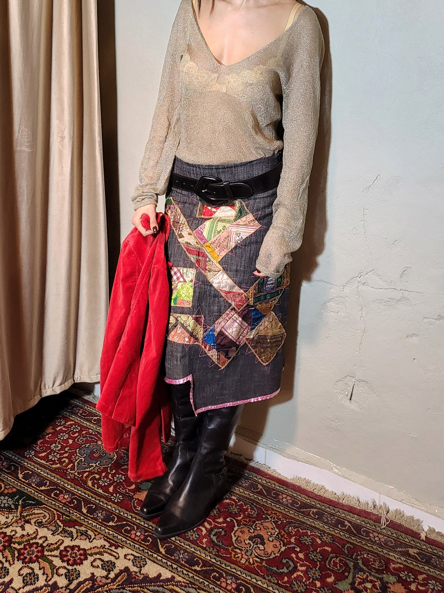 Dark Denim Patchwork Artisan Midi Skirt