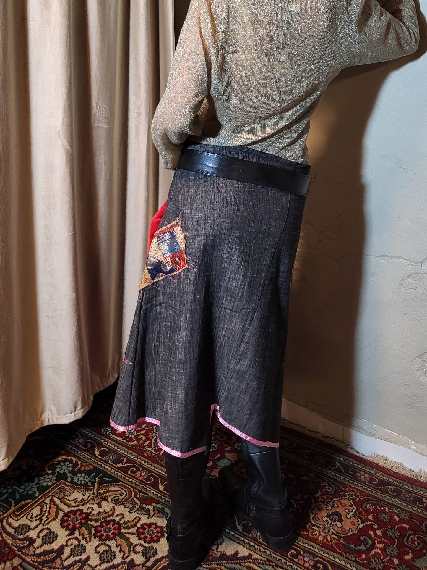 Dark Denim Patchwork Artisan Midi Skirt