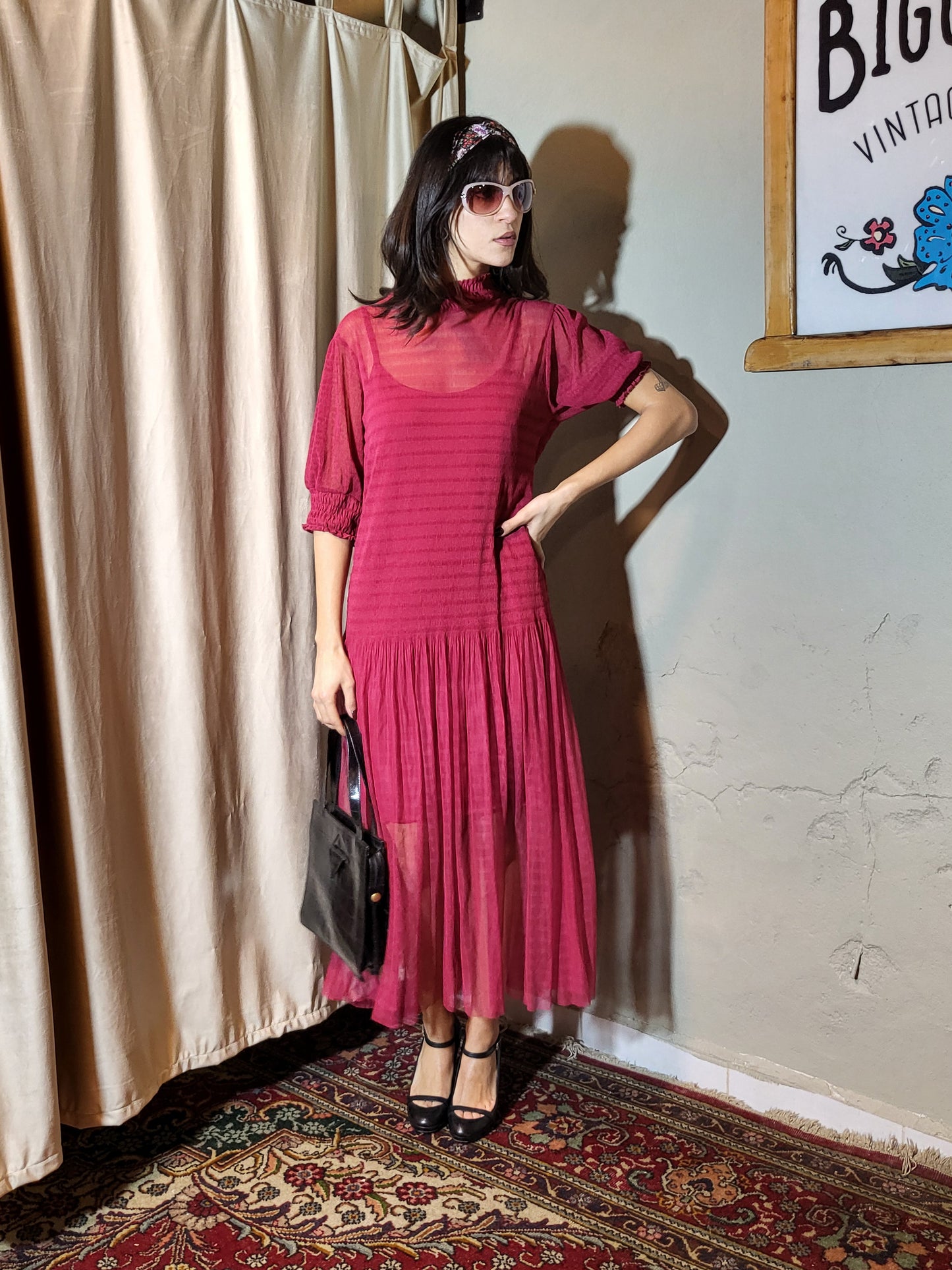 Raspberry Sheer Drop-Waist Dress