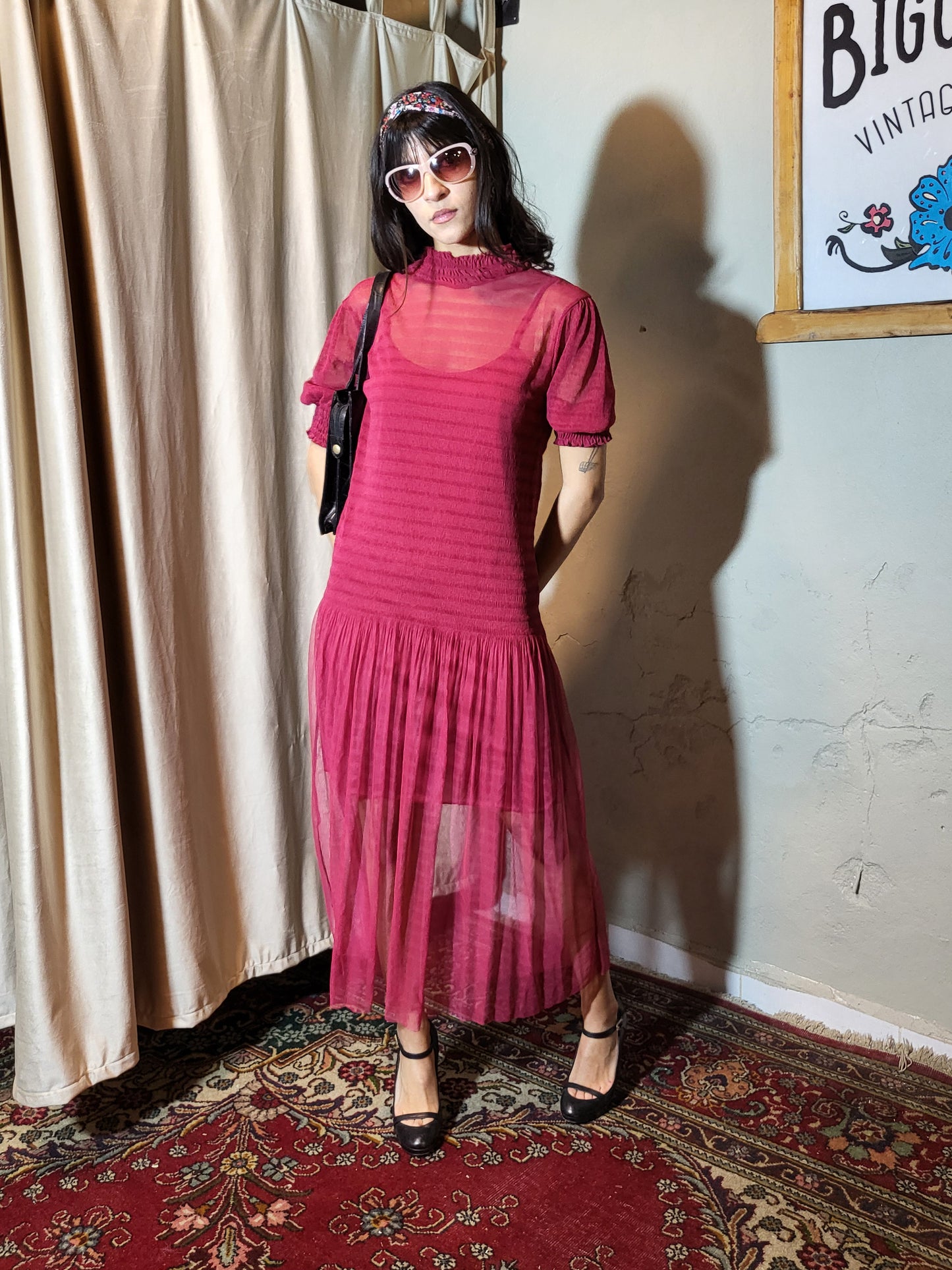 Raspberry Sheer Drop-Waist Dress