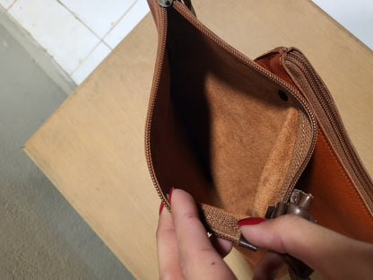 Sacoche Camel Leather Double-Pouch Shoulder Bag