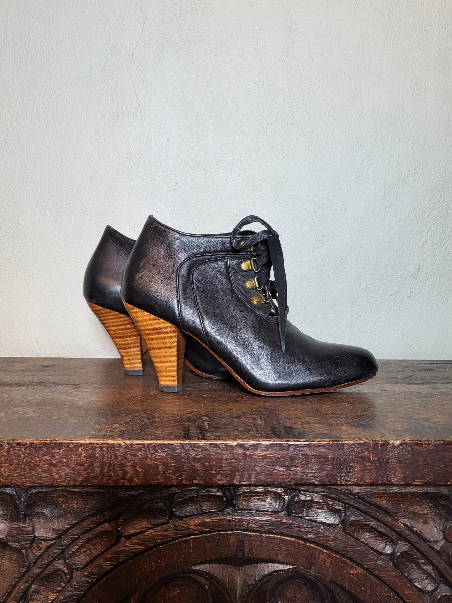 Gloria St. Black Leather Lace-Up Ankle Boots