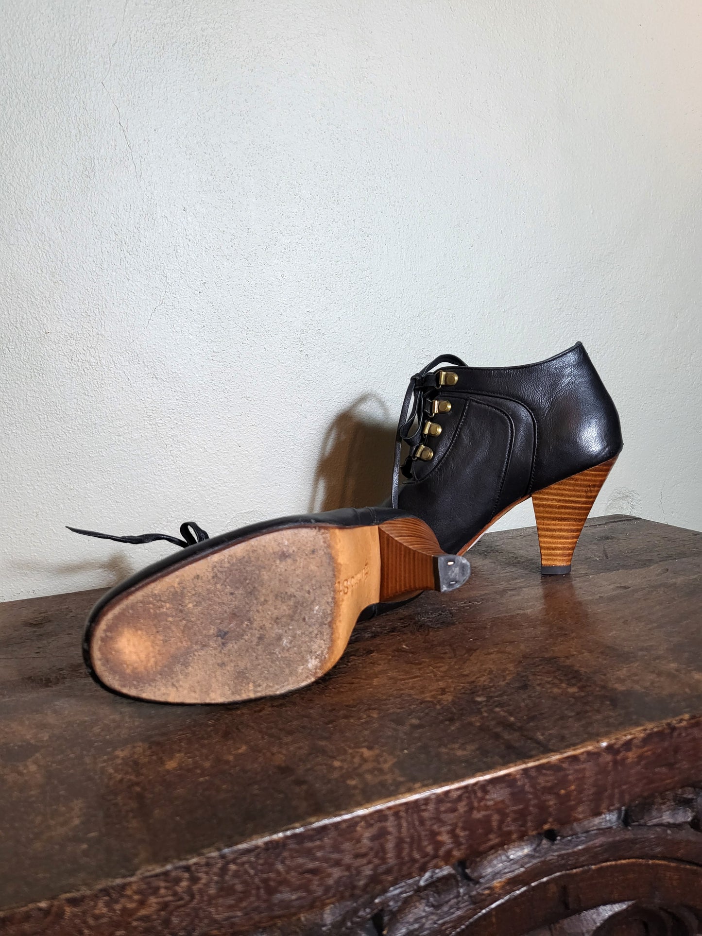 Gloria St. Black Leather Lace-Up Ankle Boots