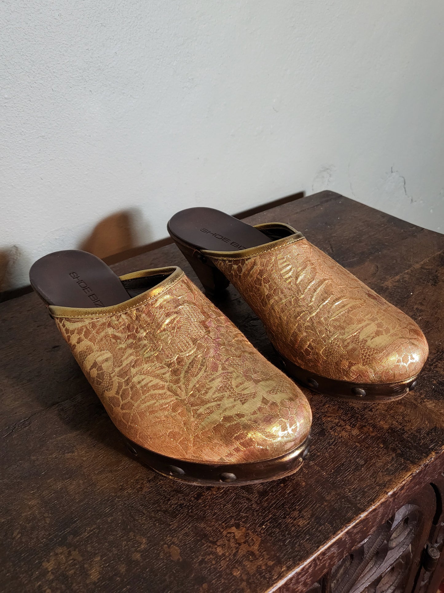 Golden Tapestry Wooden Clogs