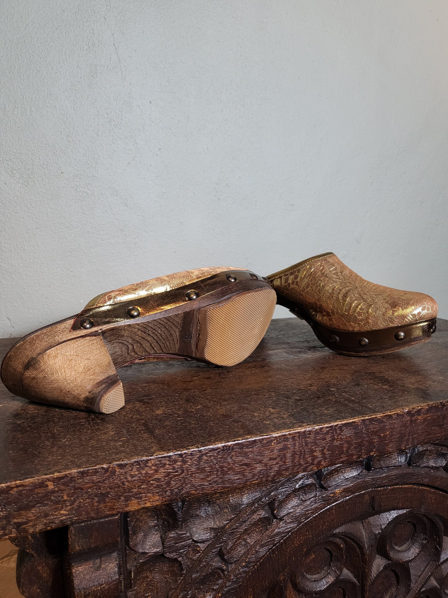 Golden Tapestry Wooden Clogs