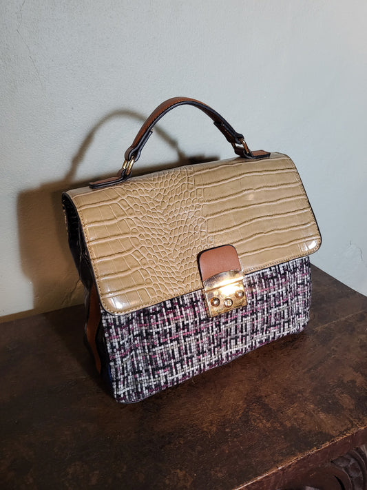 Tweed & Croc Contrast Top Handle Bag