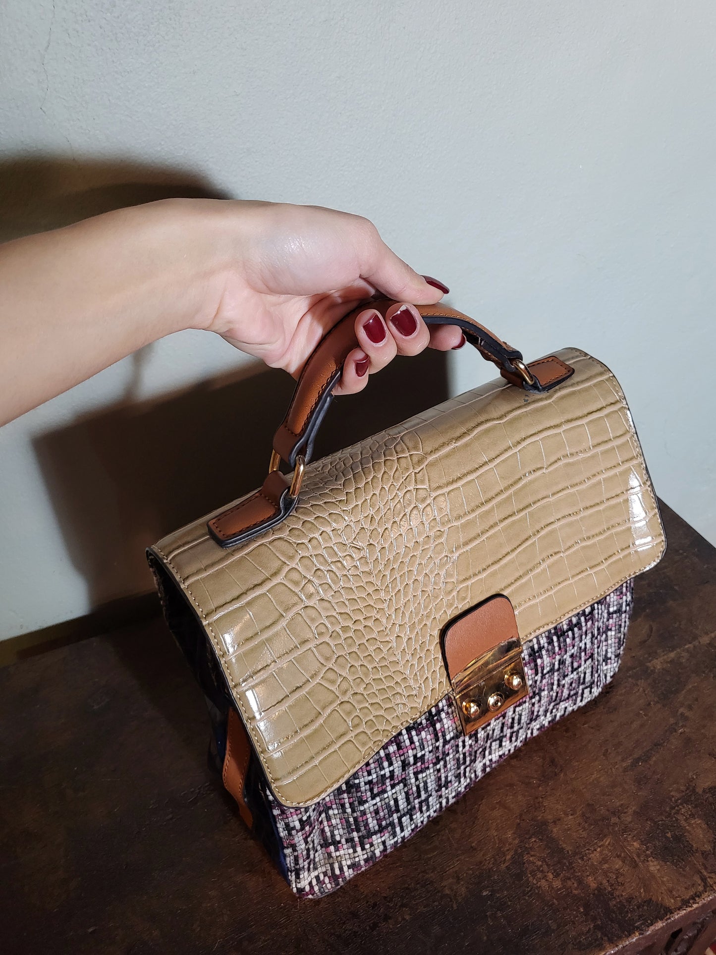 Tweed & Croc Contrast Top Handle Bag