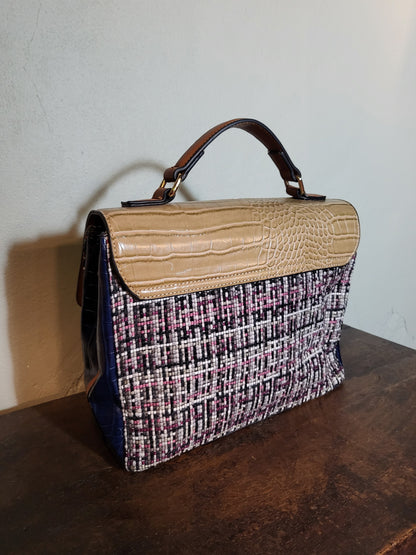Tweed & Croc Contrast Top Handle Bag