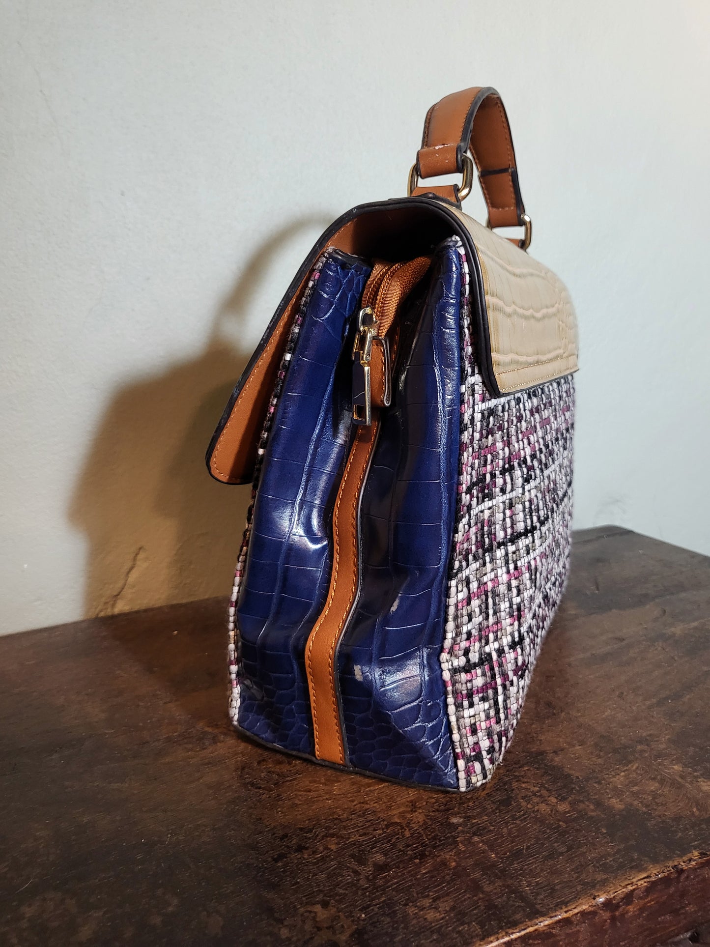 Tweed & Croc Contrast Top Handle Bag