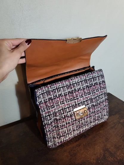 Tweed & Croc Contrast Top Handle Bag