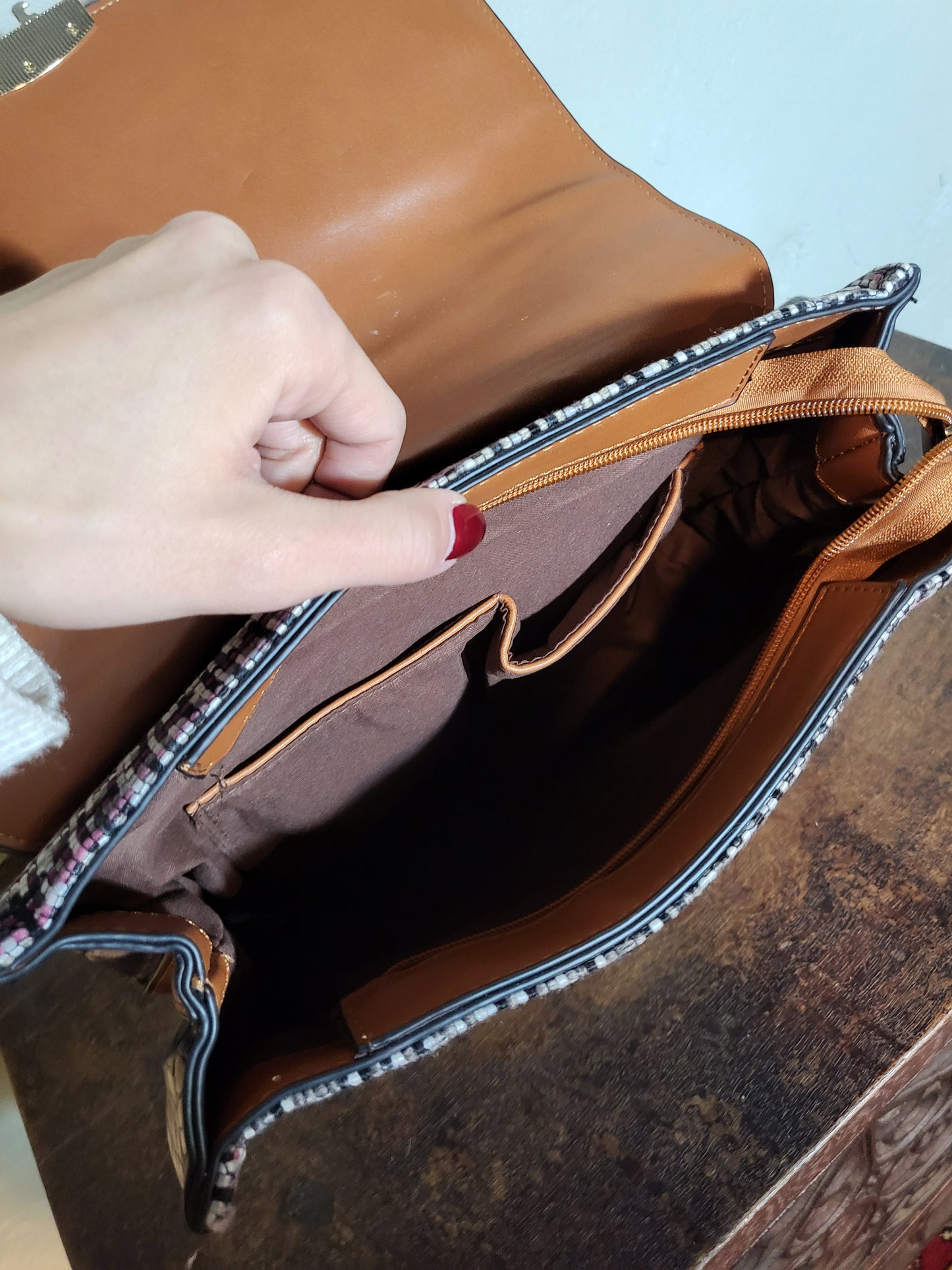 Tweed & Croc Contrast Top Handle Bag