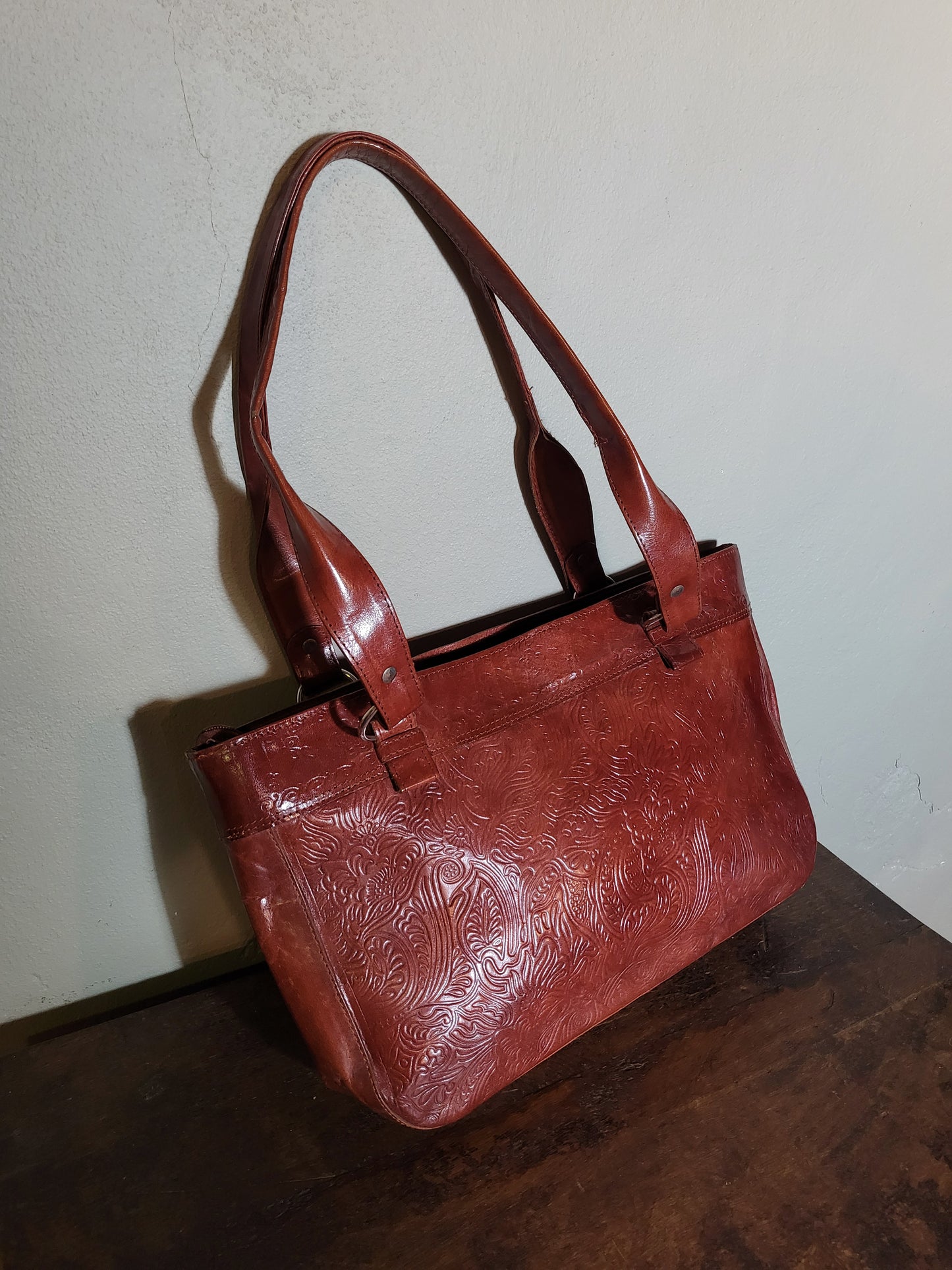 Embossed Cognac Shoulder Bag