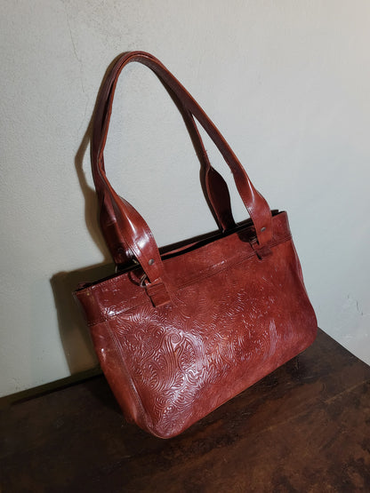 Embossed Cognac Shoulder Bag