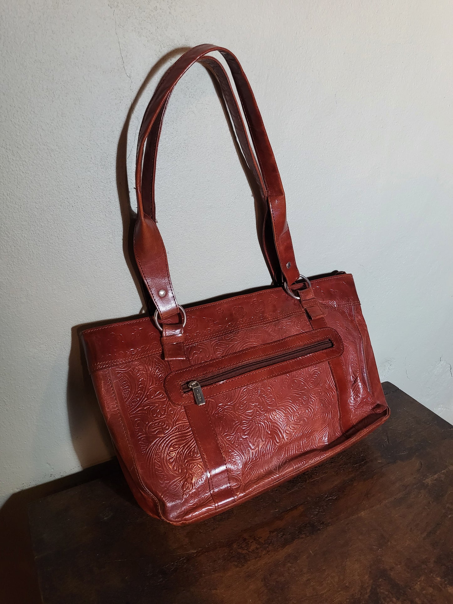 Embossed Cognac Shoulder Bag