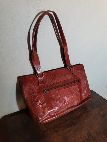 Embossed Cognac Shoulder Bag