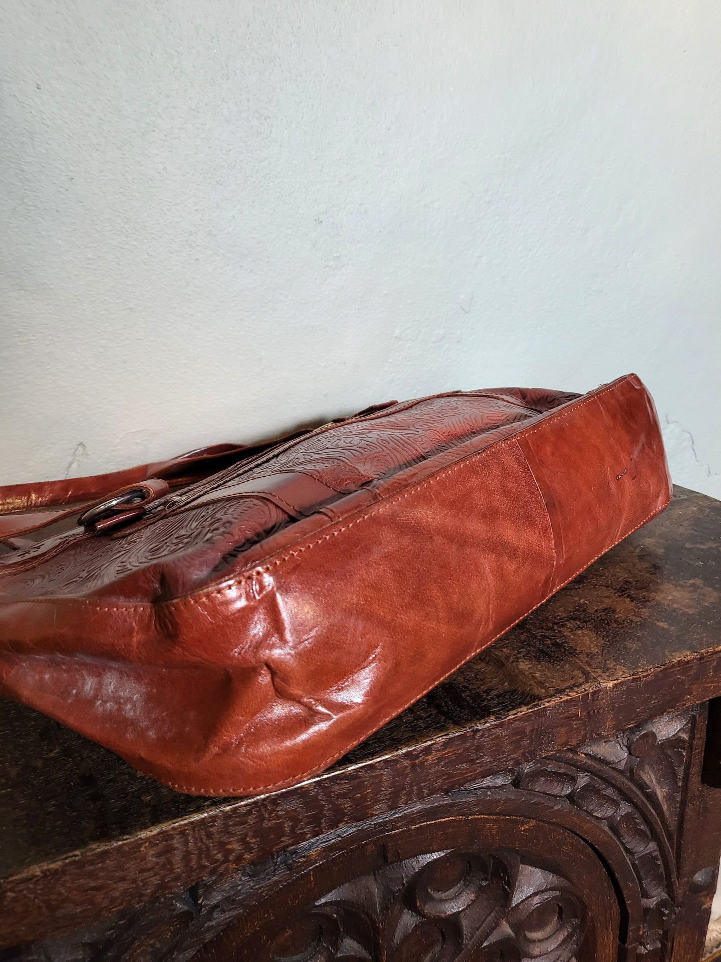 Embossed Cognac Shoulder Bag