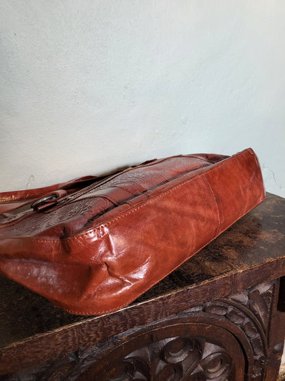 Embossed Cognac Shoulder Bag
