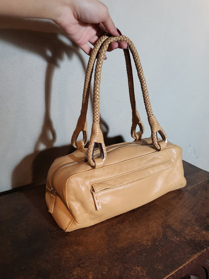 Beige Woven-Handle Leather Shoulder Bag