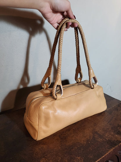 Beige Woven-Handle Leather Shoulder Bag