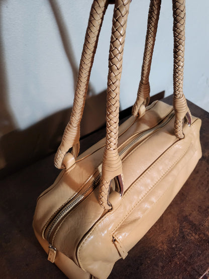 Beige Woven-Handle Leather Shoulder Bag