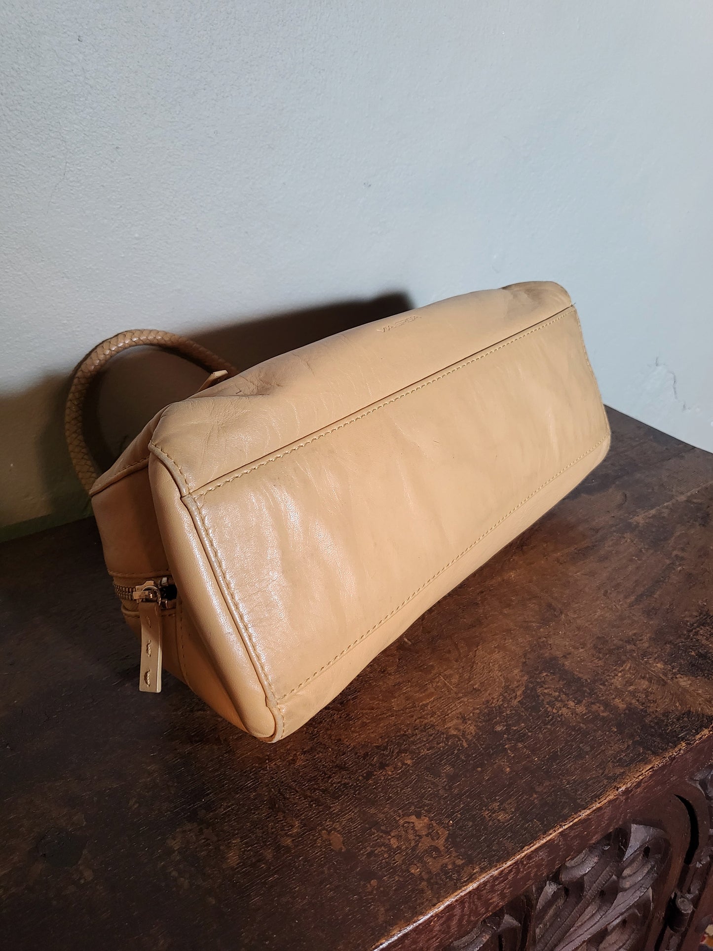 Beige Woven-Handle Leather Shoulder Bag