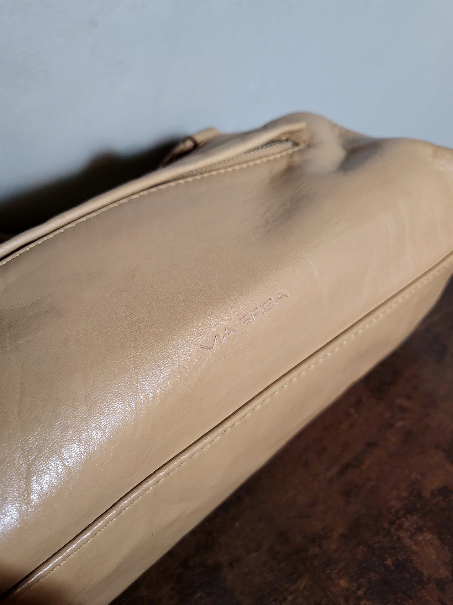 Beige Woven-Handle Leather Shoulder Bag