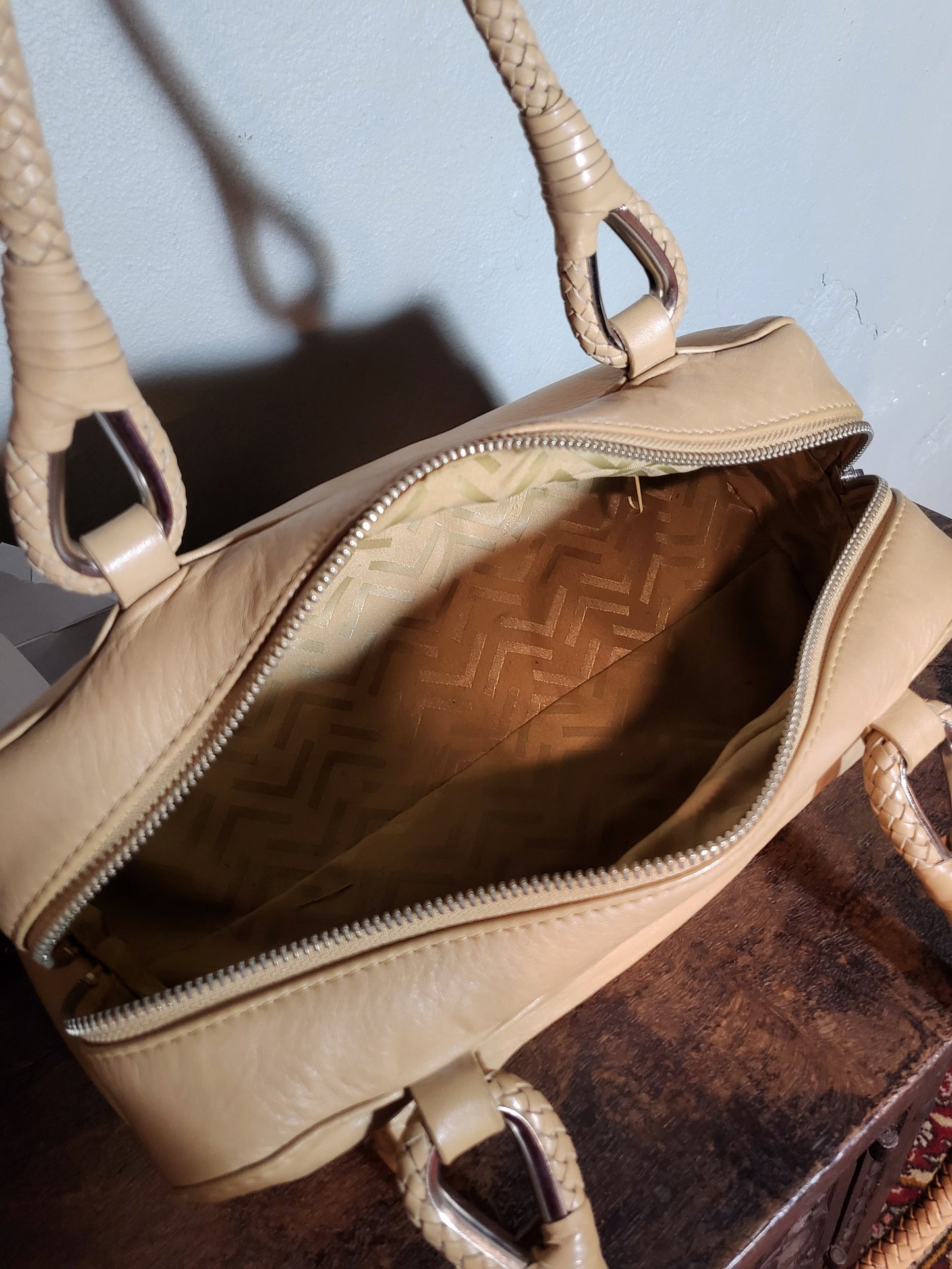 Beige Woven-Handle Leather Shoulder Bag