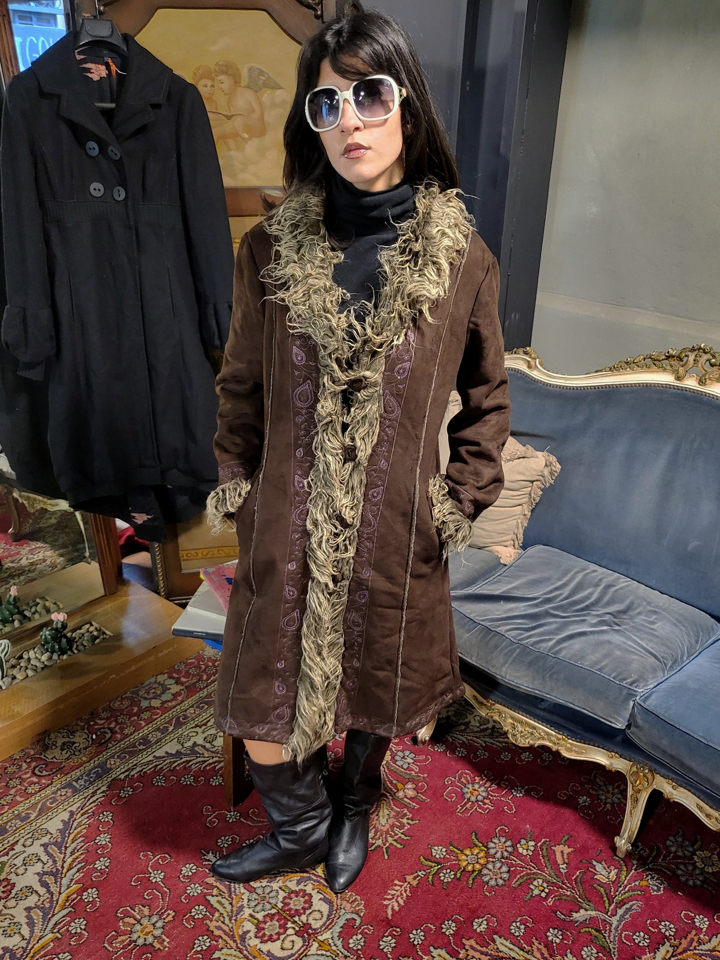 Vintage Brown Shearling Trim Afghan Coat