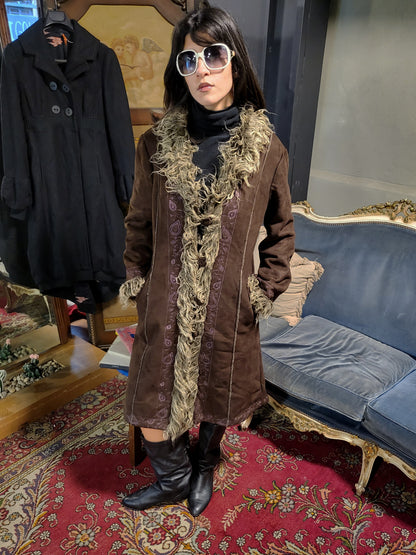 Vintage Brown Shearling Trim Afghan Coat