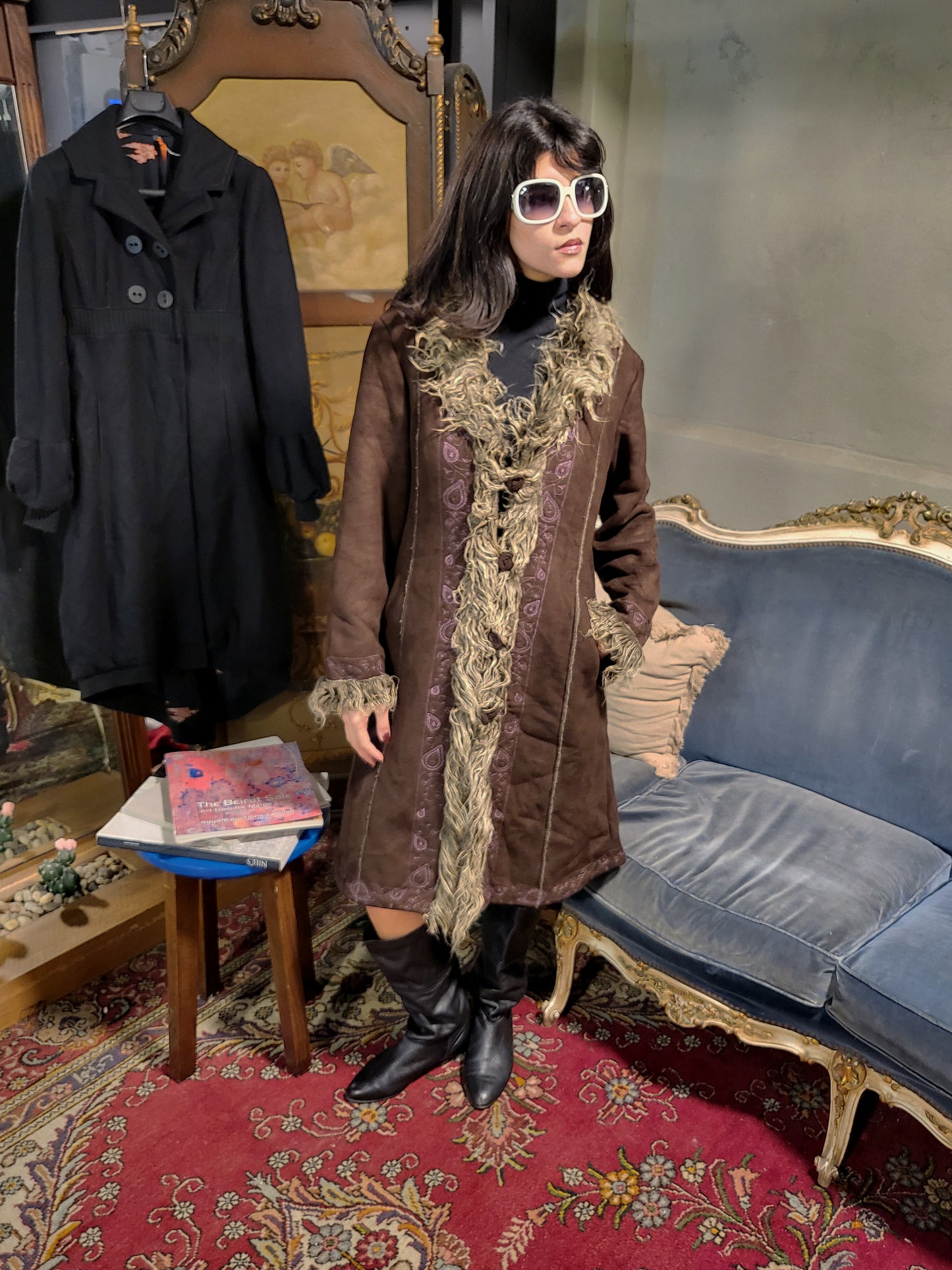 Vintage Brown Shearling Trim Afghan Coat