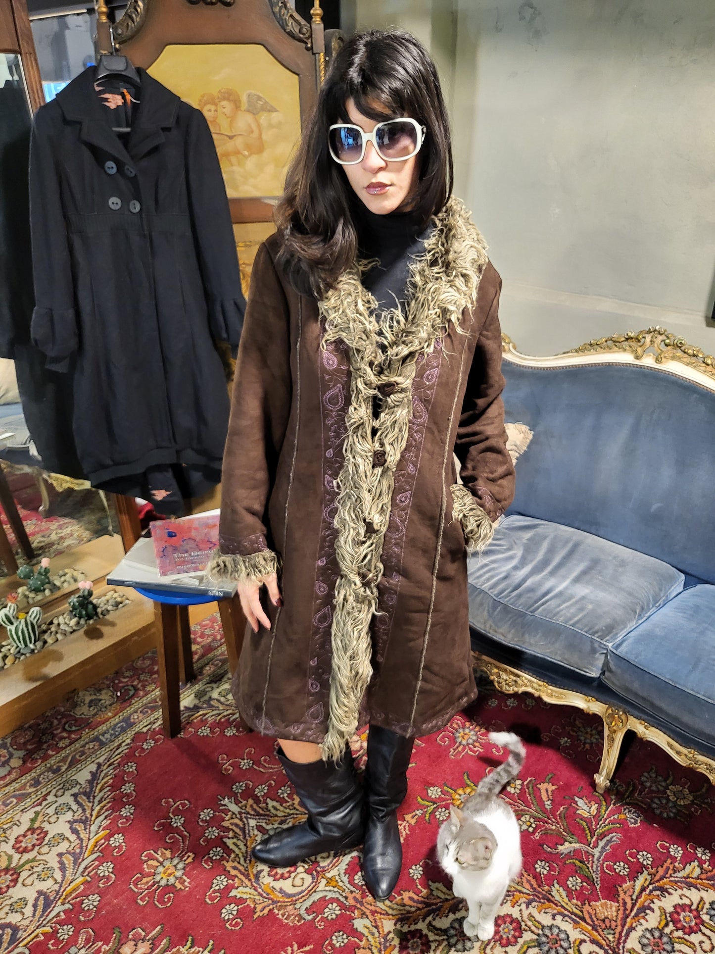 Vintage Brown Shearling Trim Afghan Coat