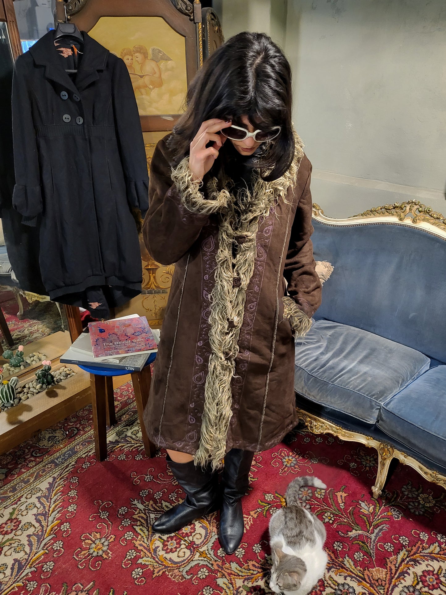 Vintage Brown Shearling Trim Afghan Coat