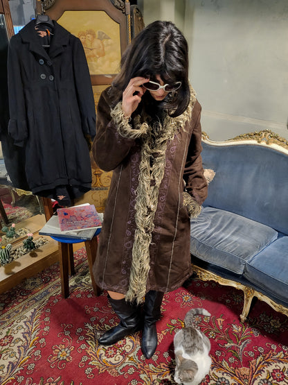 Vintage Brown Shearling Trim Afghan Coat