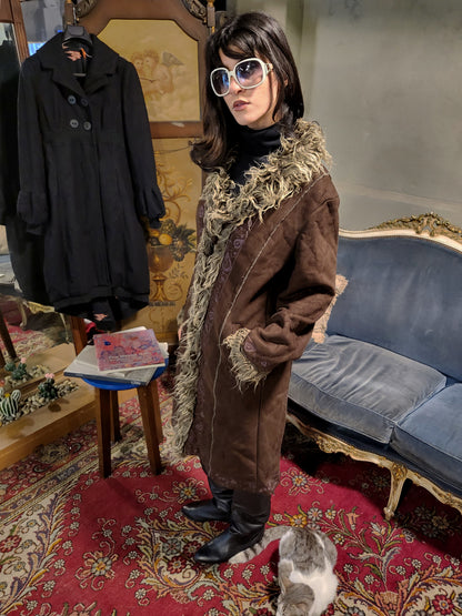 Vintage Brown Shearling Trim Afghan Coat