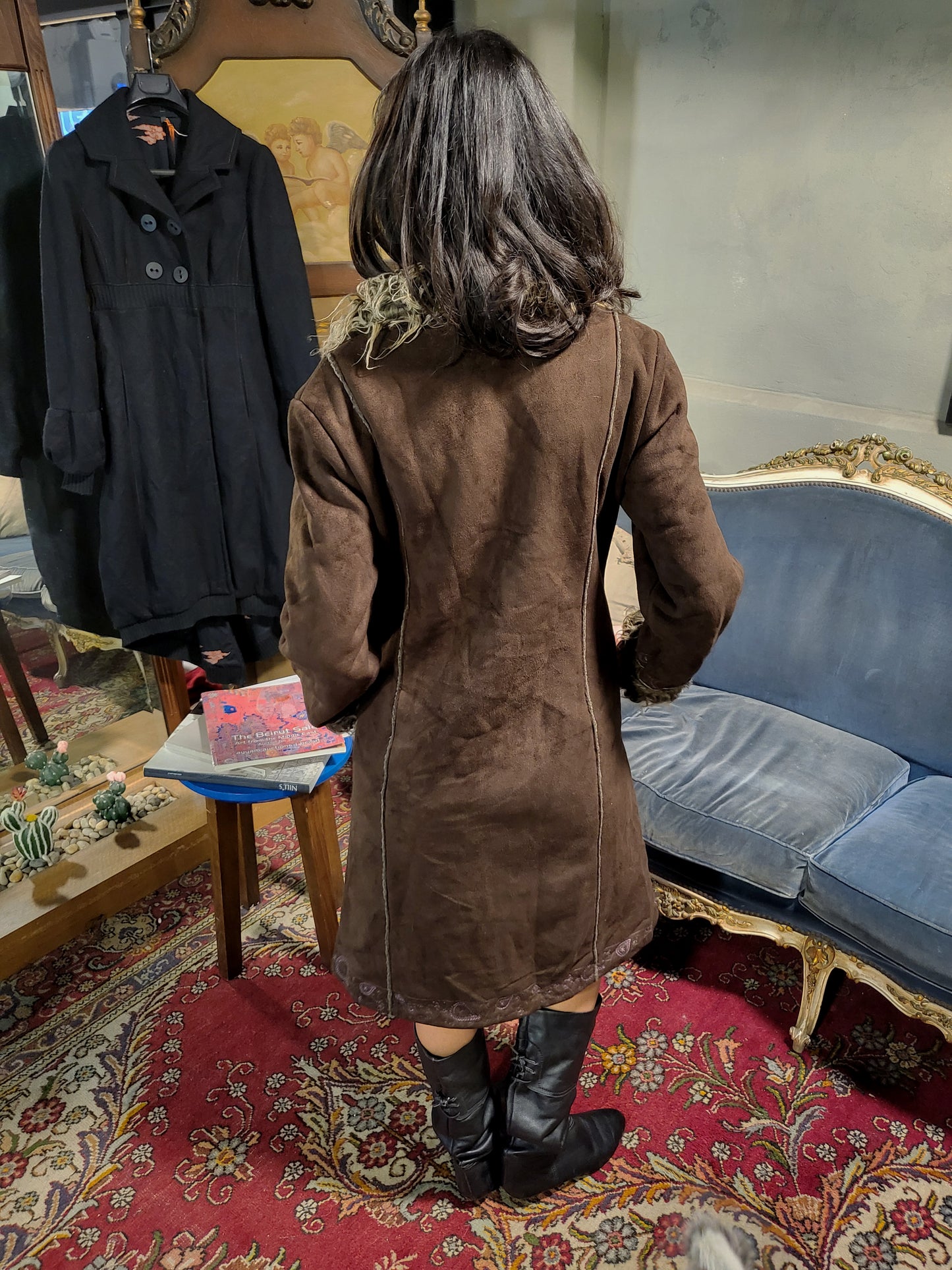 Vintage Brown Shearling Trim Afghan Coat