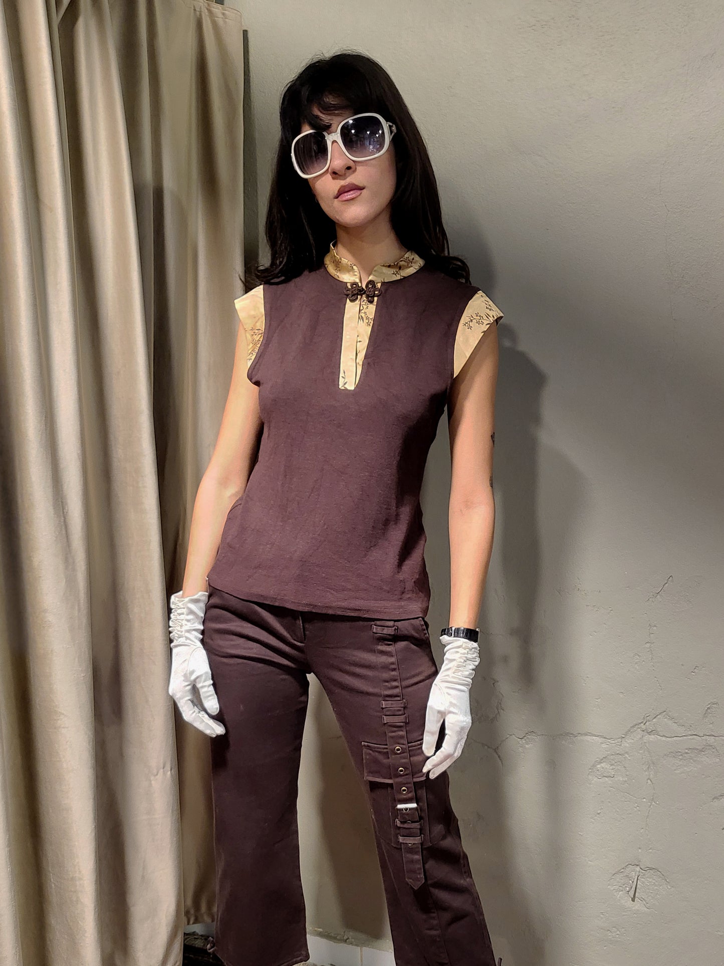 Vintage Brown Mandarin Collar Cap Sleeve Top